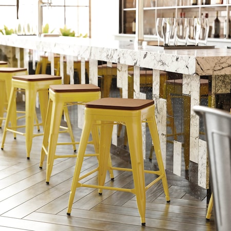 Flash Furniture 24" Yellow Metal Stool-Teak Poly Seat CH-31320-24-YL-PL2T-GG